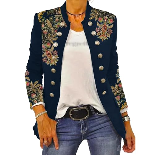 Women's Business Casual Buttons Pockets Open Front Blazer Suit, Elegant Floral Jacquard Peplum Blazer