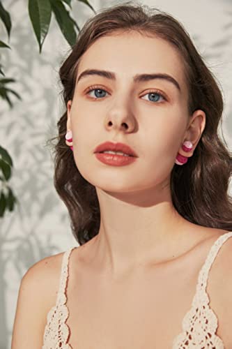 Hot Pink Raffia Ball Stud Earrings Boho Double Sided Rattan Beaded Piercing Earrings For Women Girls Colorful Handmade Straw Wicker Earrings For Summer Beach Jewelry Gifts #TOP4