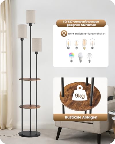 GOEBLESON Stehlampe Wohnzimmer mit Ablage, 3-flammige Stehleuchte mit Regal Vintage, Boho Standleuchte aus Holz mit Fußschalter, E27 Fassung, retro rustikalbraun und beige ZEF53LDD05