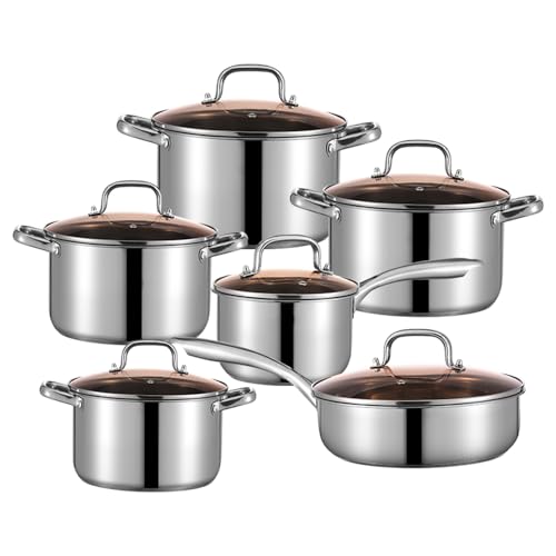 12 PCS Stainless Steel Pots and Pans Set, Mirror Finish Stackable Nonstick Kitchen Cookware Set with Lid Suitable for All Stoves (Straight Type)