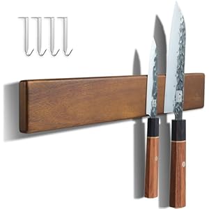 ENOKING Magnetic Knife Holder for Wall, Knife Magnetic Strip No Drilling 40 cm, Powerful Magnetic Kitchen Knife Holder, Acacia Wood Wall Knife Holder Magnet Magnetic Knife Bar with 4 Hooks