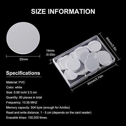 10 Pieces NFC 215 Cards, 25 mm/ 0.98 Inch Coin Shape Rewritable Blank White NFC 215 Cards Compatible with TagMo Amiibo and NFC Enabled Mobile Phones and Devices, 1 Transparent Storage Box Included