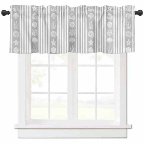 Image of SODIKA Nautical Curtain Summer Valance for Windows Rod Pocket Window Treatments Stripes Starfish Seashell Conch Grey Short Curtains for Kitchen Windows Bathroom Bedroom 54 x 18 Inch, FBMSODK-20240525