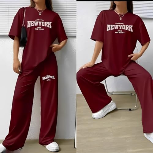 Image of My Swag Women's New York Graphic Loungewear Set, Cotton Short Sleeve T-Shirt and Pants
