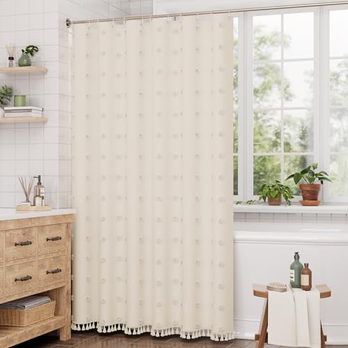Image of AmazerBath Boho Farmhouse Shower Curtain with Tassels, Soft Cloth Beige Shower Curtain Set, Polka Dots Chevron Fabric Rustic Shower Curtain with Hooks, Hotel Quality, 72x72 Inches