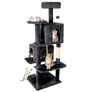 58in Large Cat Tree Tower for Indoor Cats with Soft Plush Hang Ball, Two Condos, Sisal Scratch Posts & Rope Play for Kittens/Adult Cats, Dark Grey