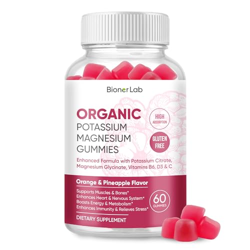 BionerLab Potassium Magnesium Gummies with Vitamin D3 B6 C - High Absorption Potassium 99mg Magnesium Glycinate 250mg Chewable Supplements for Women Men Adults Kids