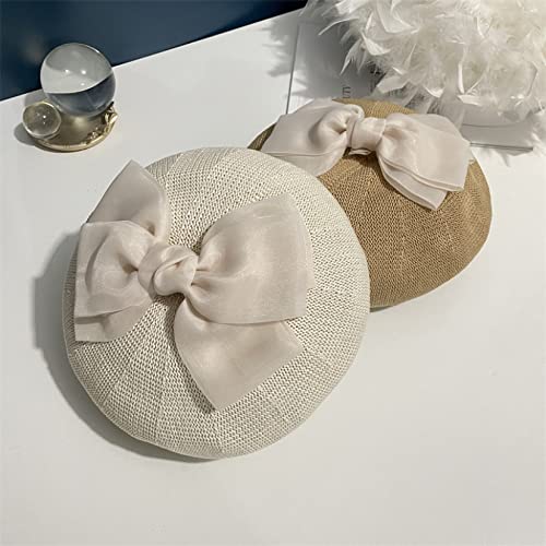 Beret Hats For Women Big Bowknot Sheer Bow Decor Octagonal Hat Lightweight French Artist Painter Flat Cap Casual Beanies Caps Black #TOP2