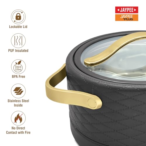 Image of JAYPEE Luxura Klass Set Inner Steel Serving Casserole Set Of 3 Toughened Glass Lid Advanced Pu Insulated 100% Food Grade Lockable Hot Box Easy To Keep Roti,Pulao|1500,2000,2500 Ml,Black,Unglazed