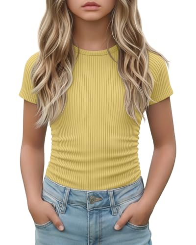 LessonZoo Girls Short Sleeve Shirts Kids Ribbed Knit Side Ruched Tops Crew Neck Slim Fit Tees Summer Basic Cute 5-14 Years(Yellow 11-12 Years)