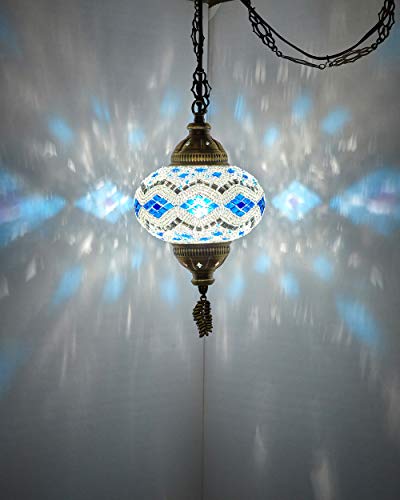 Demmex (8 Colors) Turkish Moroccan Mosaic Swag Plug In Pendant Ceiling Hanging Light With 15Feet Cord Decorated Chain & North American Plug (Blue-White - 6" Diameter) #TOP2
