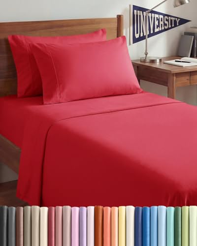 Image of Twin XL 4 Piece Sheet Set - College Dorm Room Essentials - Red | Ultra Soft Dorm Bedding Set, 8 inch to 16 inch Inch Deep Pockets, 1 Flat & 1 Fitted Sheet & 2 Pillowcases, Wrinkle & Fade Free