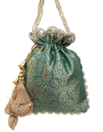 Image of MILAN'S CREATION Pure Banarasi Potli Silk Brocade Bag Purse Drawstring Women's handbag with Pearl Handle & Tassel Weddings