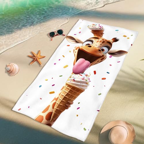 Funny Giraffe Ice Cream Microfiber Beach Towel Cute Cartoon Animal Bath Towel, Quick Dry Absorbent Sand Free Lightweight Beach Blanket, Summer Vacation Pool Gym Essentials 70x35 Inch