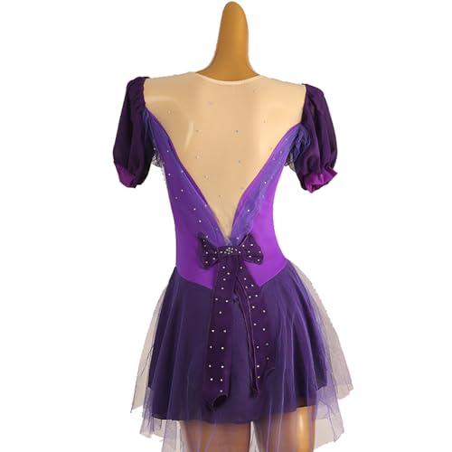 Traje feminino de patinação de competição de alta elasticidade roxo manga curta transparente feito à