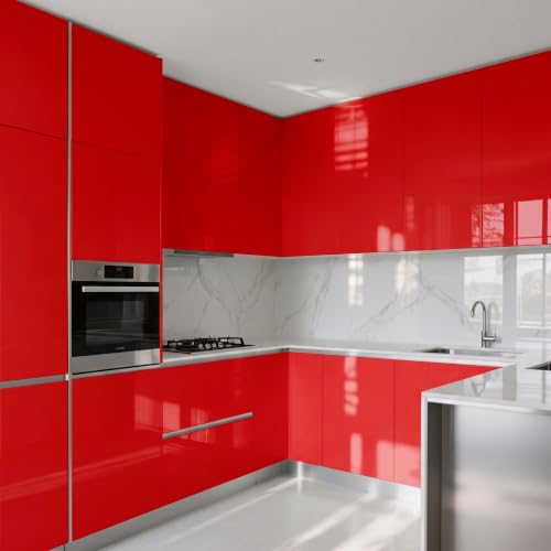 Image of HOME13 Glossy Red Wallpaper Peel and Stick Kitchen Cabinet Wallpaper Counter Contact Paper Self Adhesive Shelf Liner Waterproof Shiny Red Wall Paper (24x86 Inch)
