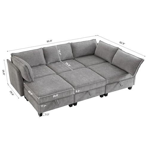 Image of ORRD Sleeper Modular Sectional Sofa Set, Convertible Couch Bed with Storage, 6 Seater and 3 Armrestes Sofa Modular for Living Room, Office (Grey)