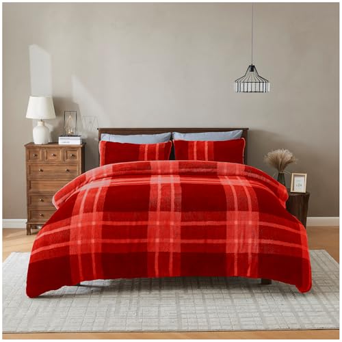 GC GAVENO CAVAILIA Luxury Fleece Duvet Cover with Pillowcases - Geometric Double Bedding Set - Soft, Warm Winter Teddy Duvet Set - Easy Care Comforter Bed Linen Double - (200x200 cm), Red