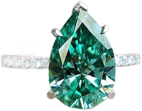 hsiyyecg Platinum Plated Classic Pear-Cut Simulated Emerald Cubic Zirconia CZ Halo Wedding Ring,Teardrop Bridal Jewelry Gift Fashion Green Solitaire Ring for Women7