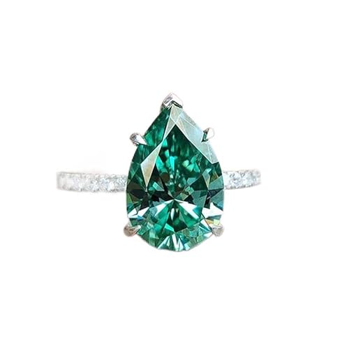 hsiyyecg Platinum Plated Classic Pear-Cut Simulated Emerald Cubic Zirconia CZ Halo Wedding Ring,Teardrop Bridal Jewelry Gift Fashion Green Solitaire Ring for Women（7）