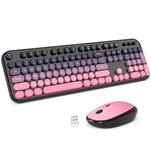 Wireless Keyboard Mouse Combo - Lovely CherryPink-Gradient Rainbow Full-Sized Typewriter Colorful Keyboards, Round Keycap Plug Play Retro Cute Keyboards for Windows, Laptop, PC, Desktop, Computer by KNOWSQT - Used condition - US$31.80