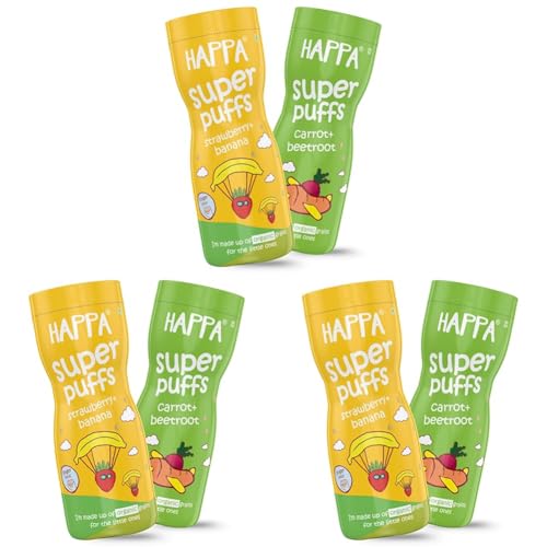 Image of Happa Carrot Beetroot and Strawberry Banana Baby Puffs | Melt-in-the-Mouth Finger Food for Babies | Supports Self-Feeding & Baby-Led Weaning | No Artificial Flavours or Colours | Stage 2 (8 Months+) | Pack of 6 (40g Each)