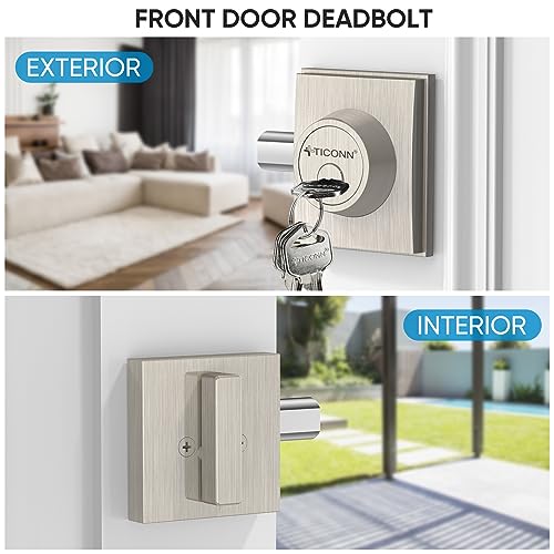 Image of TICONN Front Door Handle Set, Heavy Duty Square Door Lever & Single Cylinder Deadbolt Combo Reversible for Entrance Exterior Doors (Deadbolt Only)