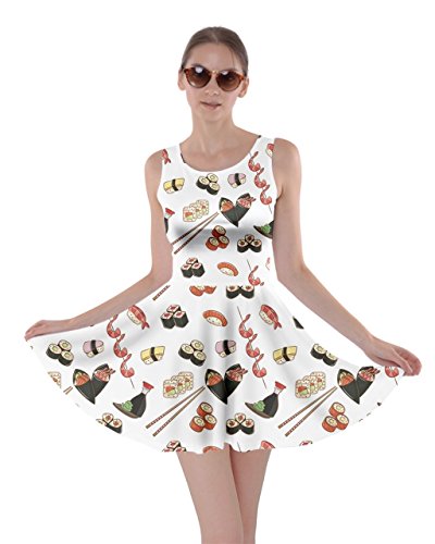 CowCow Colorful Pattern with Japanese Food Skater Dress, Colorful-XL