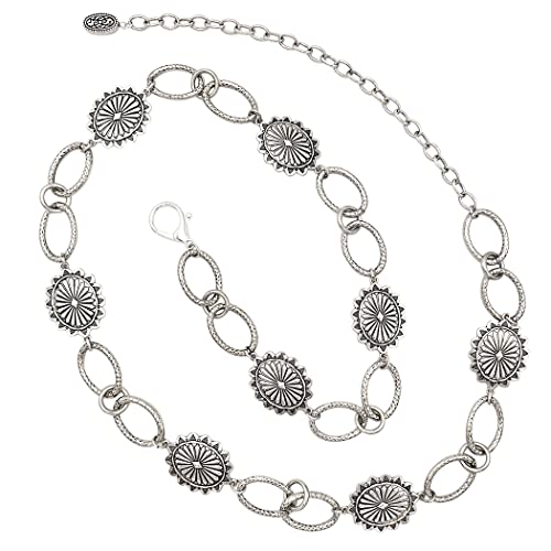 Rosemarie & Jubalee Country Chic Statement Western Burnished Silver Tone Conchos On Link Body Waist Chain Belt (Plus Size 9 Conchos 50-60 Inches)