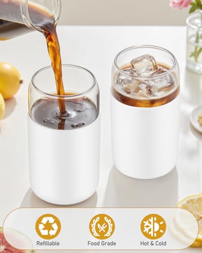 Image of sungwoo Glass Cups with Lids and Straws, 4 Pack 16OZ Iced Coffee Cups with Silicone Sleeve, Glass Tumbler with Straw and Bamboo Lid, Home Essential Drinking Set for Juice, Cocktail and Latte White