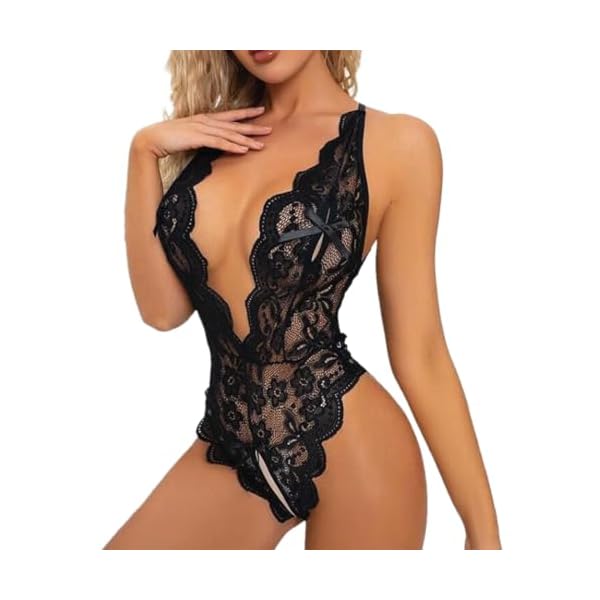 SamHeng-Sexy-Body-con-Entrepierna-a-Presion-Para-Mujer-Lenceria-Traviesa-de-Encaje-de-una-Pieza-Encaje-Transparente-Teddy-Lingerie-rofundo-V-Ropa-Interior-Ropa-de-Dormir