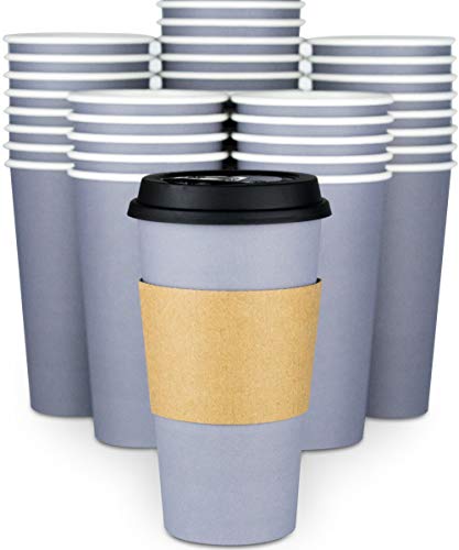 Disposable Coffee Cups With Lids - 20 oz To Go Coffee Cups (90 Set) and Tight No Leak Lids Prevent Spills. Large Paper Cup Safe For Travel Beverages. Insulated Sleeves Protect Fingers from Hot Drinks!