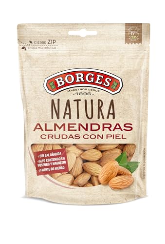 Borges - Almendra Cruda con Piel Borges Natura Borges - Con alto contenido en vitamina E, Fósforo, Magnesio, Hierro y Calcio - Frutos Secos sin Gluten - Paquete de 120g