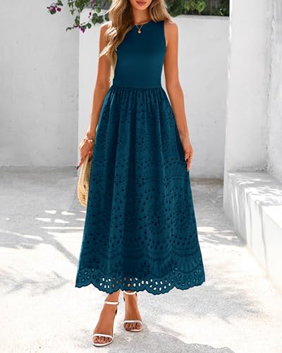 Image of dowerme Women Summer Dresses 2026 Casual Sleeveless Crewneck A-Line Boho Lace Eyelet Cotton Tank Maxi Dress with Pockets