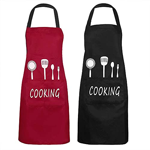 Smartooll Delantal de Cocina, Paquete de 2 Delantales de Cocina Unisex, Delantal Impermeable con 2 Bolsillos, Delantal de Chef, para Cocinar en Casa, Restaurante, Cafetería (Rojo y Negro) Cover