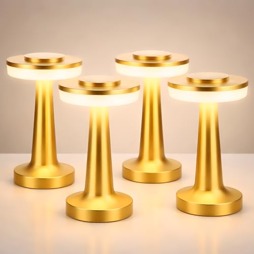 Image of Riakrum 4 Pcs LED Cordless Table Lamp Bulk Rechargeable,Gold | Portable Wireless Lamps, 3 Color Stepless Dimming, 15 Hour Battery, Touch Control, Wedding Home Restaurant Decor