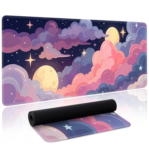 Cute Mouse Pad Kawaii Large Desk Mat Extended Keyboard Mouse Pad Pink Purple Cloud Mousepad with Non-Slip Base and Stitched Edge Gaming Mouse Mat Desk Pad 31.5 x 11.8 Mouse Pads for Desk Home Office