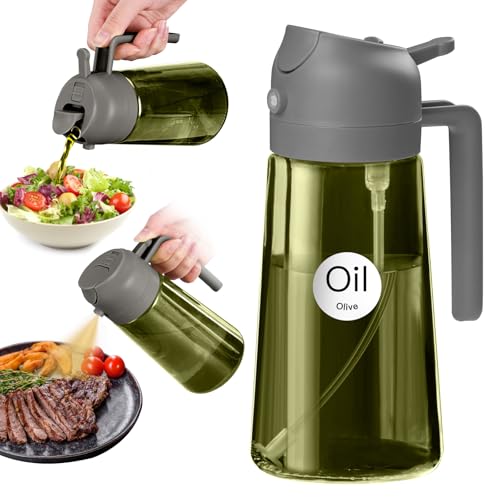 YARRAMATE 16oz/470ml Dark Green Oil Sprayer for Cooking with Stickers, Food-grade Premium 2 in 1 Olive Oil Dispenser Bottle for Kitchen Gadgets, Air Fryer, Salad, Frying, BBQ (Grey)