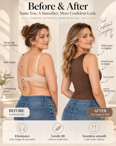 Tank Tops for Women，Tank Tops with Built in Bras Black | Built in Bra Tank Tops for Older Women, Seamless Wireless Support Shaper Sleeveless Tops, Soft Camisole with Built in Bras - image 3