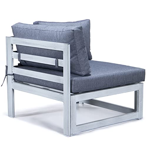 Leisuremod Chelsea 7-Piece Outdoor Patio Conversation Set In Weathered Grey Aluminum With Coffee Table & Cushions, Blue #TOP7
