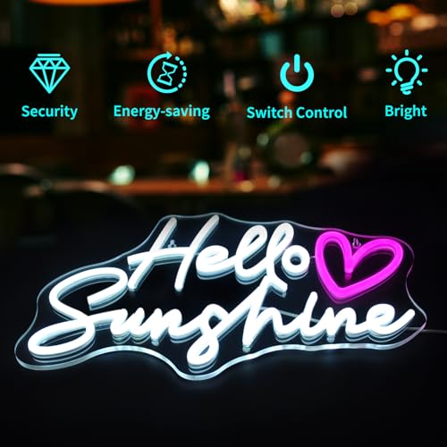 Image of Hello Sunshine Neon Signs for Wall Decor White LED Neon Sign for Room Neon Light Sign for Wall Decor Birthday Party USB Powered