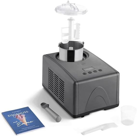 SPRINGLANE Eismaschine Emma 1,5 L mit selbstkühlendem Kompressor 150 W, aus Edelstahl mit entnehmbarem Eisbehälter, inkl. Rezeptheft (Anthrazit, Emma Anthrazit + 4 Eisbehälter Mini Grau) – Bild 4