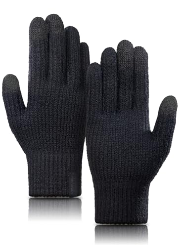 TRENDOUX Mens Gloves for Cold Weather Women Merino Wool Thick Touch Screen Knit Thermal Gloves Black L