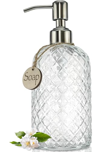 JASAI 18Oz Gem Patterned Clear Glass Soap Dispenser with Rust Proof Pump, Refillable Hand soap Dispenser for Kitchen, Premium Bathroom Soap Dispenser for Dish Soap, Hand soap, Lotion(Clear).