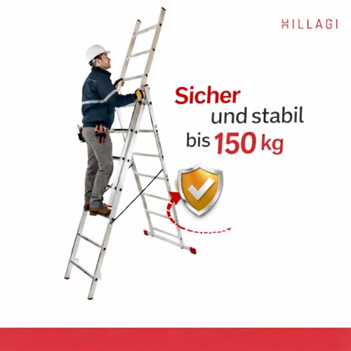Hillagi 3x7 Mehrzweckleiter, Vielzweckleiter, 3x7 Sprossen, 3-teilige Alu-Kombileiter, bis 150 kg belastbar, max. Arbeitshöhe 4,3 m, Klappleiter, Multifunktionsleiter, Stehleiter, Silber/Rot