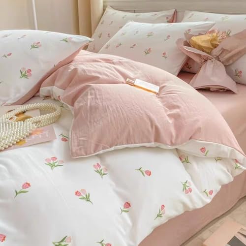 CCoutueChen Floral Duvet Cover Full 3Pcs Girls Cute Pink Tulips Duvet Cover Set Modern Aesthetic Bedding Set Ultra Soft Breathable Garden Flower Bedding with 2 Pillowcases(No Comforter)