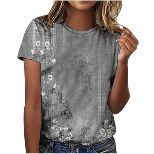 2025 Casual T Shirts Fitted Loose Tunnic Basic Tee Summer Tops for Women UK 2025 Casual Print Short Sleeve Tops Crew Neck Blouse and Shirts Loose Fit Women T Shirts Shirt Womens Plus (Grey, XXL)