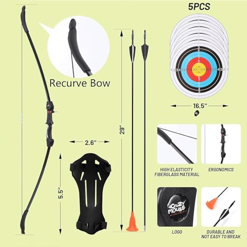 CrazyMouse Bow and Arrow for Teens Beginners Adults Recurve Bow Set 8 Arrows 5 Target Face Archery Longbow Kit Backyard Games Gift for Outdoor Sports (Black Archery Bow Set) by crazymouse - Image 2