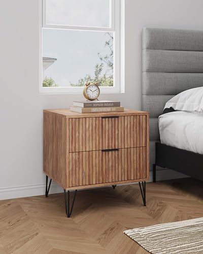 Manhattan Comfort Dumbo Fluted Nightstand with 2 Drawers, Gold Metal Legs and Metal Handles, Snap Tool-Free Assembly, Modern Bedside Accent Table with Storage for Bedroom, Living Room in Golden Brown