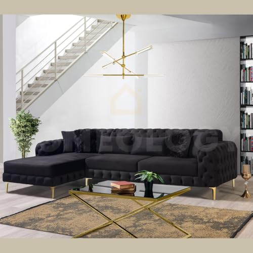 Snooze Luxury Chesterfield Seater Plush Velvet L-Shaped Corner Sofa – Deep Button-Tufted Design with Elegant Gold Metal Legs – Chaise Lounge Couch (Black Plush, 5 Seater (Left Hand side)) - Image 3